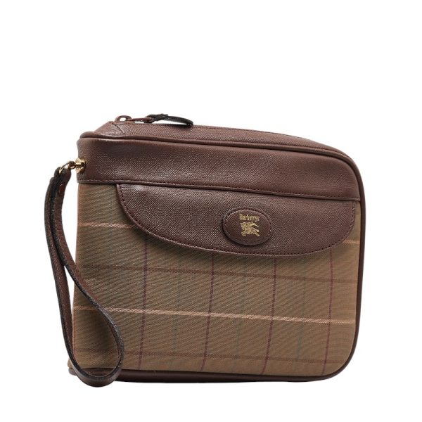 1 0147696 2 Burberry Check Pouch Leather Handbag Brown