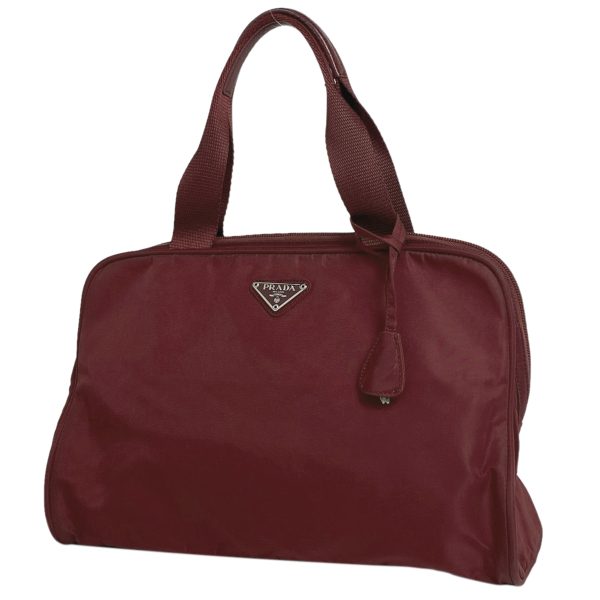 1000045015341 11 Prada Logo Plate Nylon Handbag Bordeaux