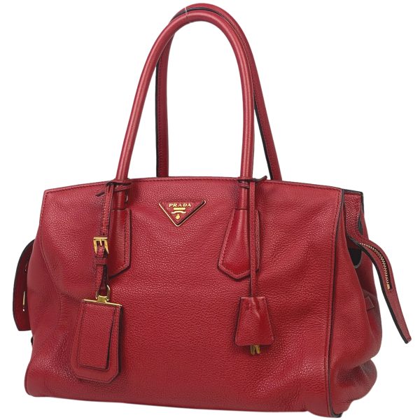 1000058735823 11 Prada Logo Plate Leather Handbag Red