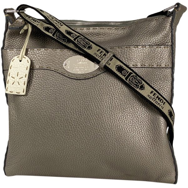 1000059257676 11 Fendi Selleria Metallic Leather Crossbody Shoulder Bag Greige