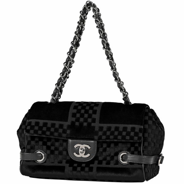 1000059504886 01 Chanel Coco Mark Chain Shoulder Bag Velvet Plaid Velor Black