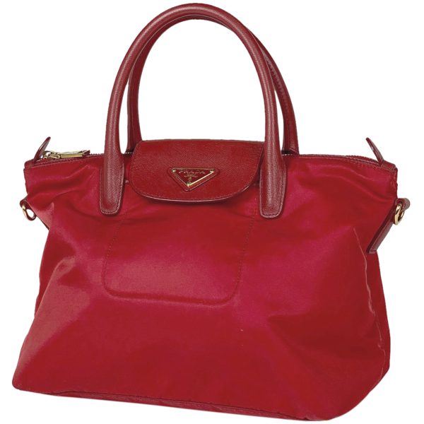 1000061712606 11 Prada Logo Plate Nylon 2WAY Tote Handbag Red