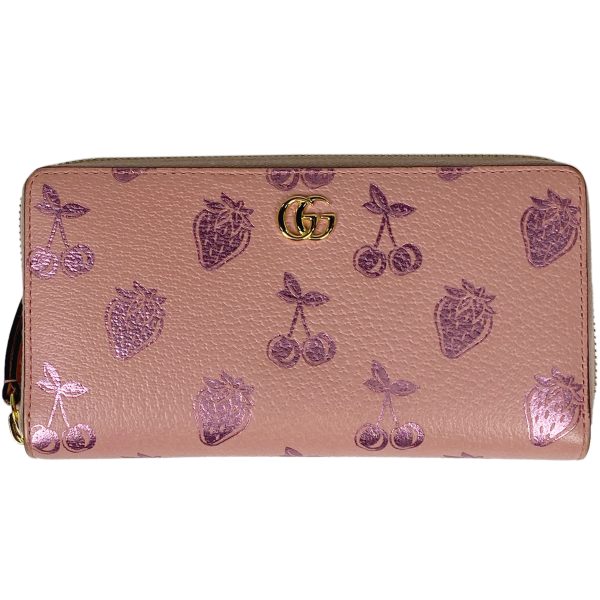 1000062227734 11 Gucci GG Marmont Round Zipper Long Wallet Double G Strawberry Cherry Leather Womens Pink