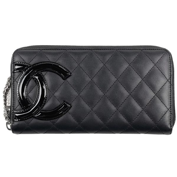 1000064708910 11 Chanel Cambon Line Long Wallet Coco Mark Round Zipper Leather Black