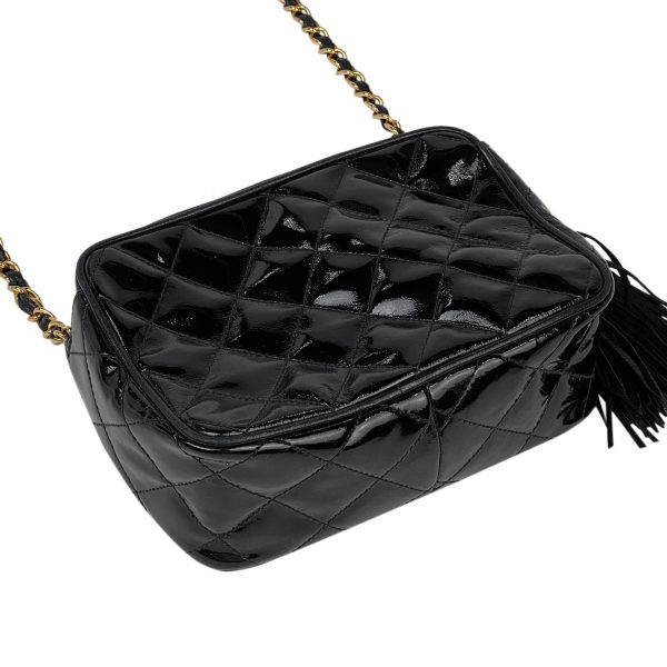 1000064870341 12 Chanel Cocomark Fringe Chain Shoulder Bag Tassel Matelasse Enamel Patent Leather Black