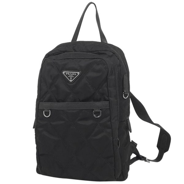 1000065088486 11 Prada Logo Plate Backpack Quilted Rucksack Tesuto Nylon Black