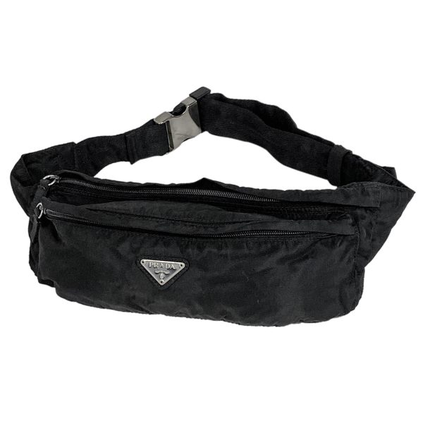 1000065298106 11 Prada Logo Plate Nylon Waist Bag Black