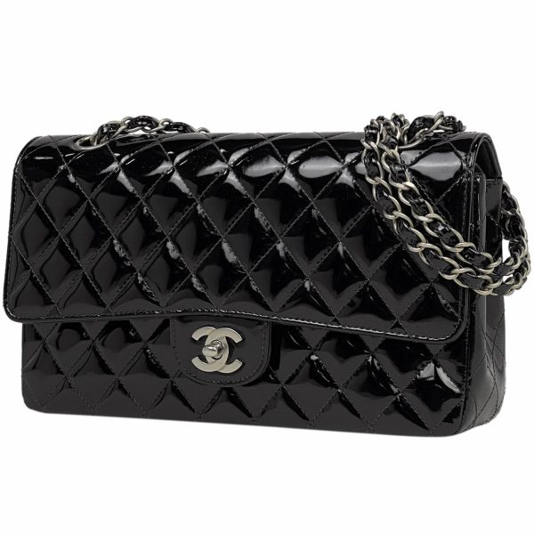 1000067607562 11 Chanel Matelasse W Flap Chain Coco Mark Enamel Shoulder Bag Patent Leather Black