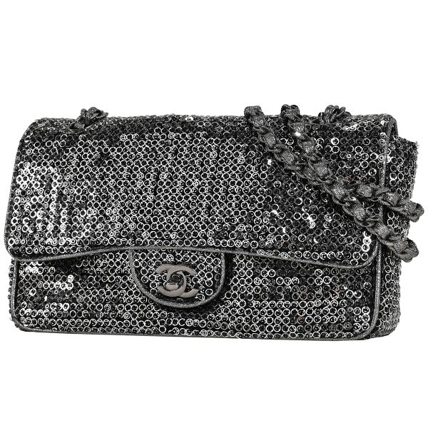 1000069667175 01 Chanel Coco Mark Chain Sequin Metallic Shoulder Bag Fabric Silver