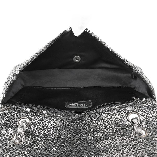 1000069667175 14 Chanel Coco Mark Chain Sequin Metallic Shoulder Bag Fabric Silver