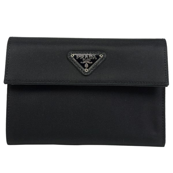 1000070122618 11 Prada Logo Plate Nylon Trifold Wallet Black