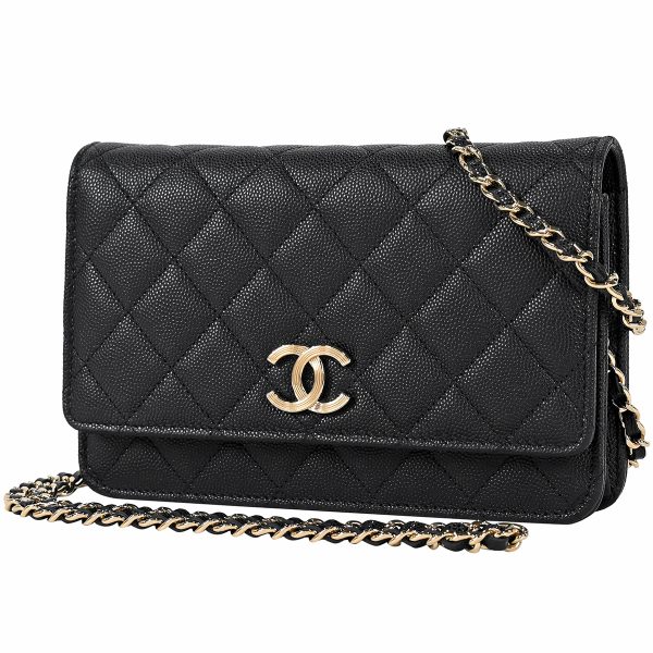 1000070914701 01 Chanel Cocomark Chain Wallet Matelasse Checkered Flag Caviar Skin Black