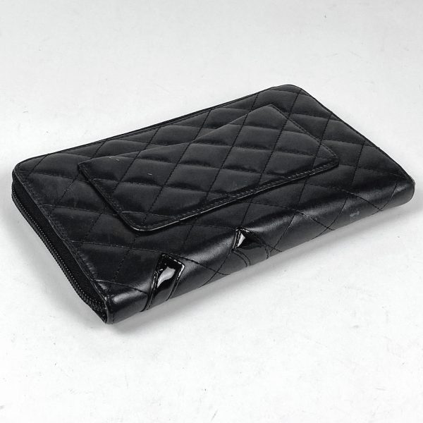 1000071073124 12 Chanel Cambon Line Long Wallet Coco Mark Round Zipper Leather Black