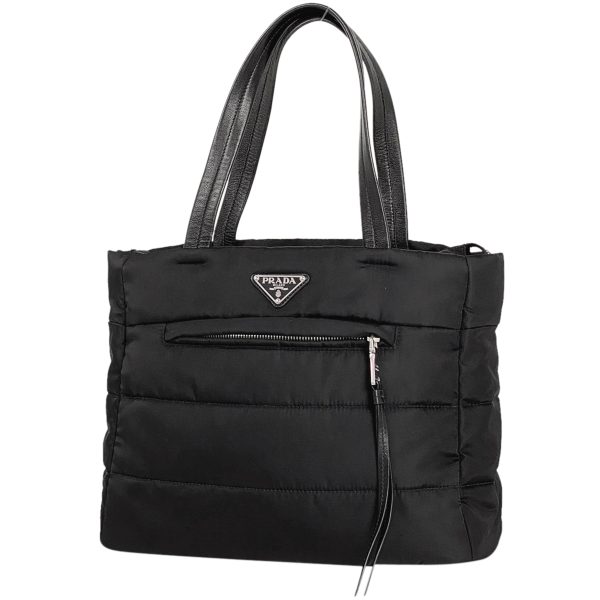 1000071829769 11 Prada Logo Plate Nylon Quilted Shoulder Tote Bag Black