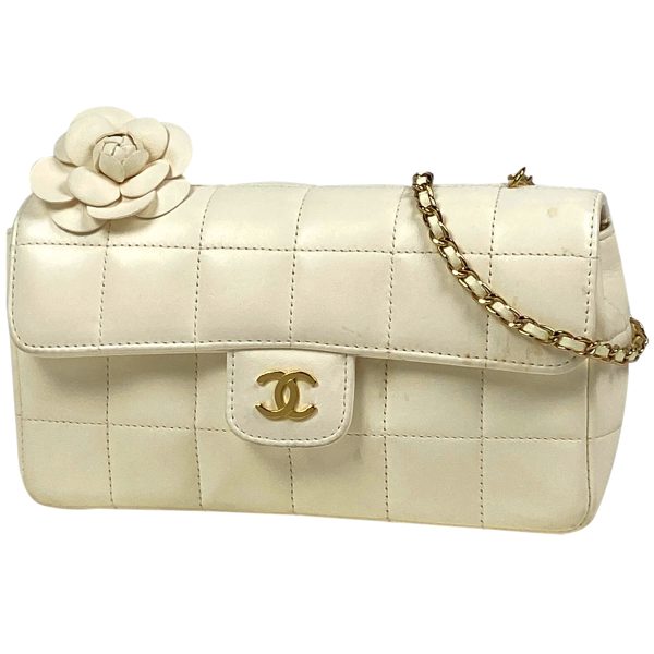 1000072008620 11 Chanel Chocolate Bar Chain Shoulder Bag Coco Mark Camellia Leather White