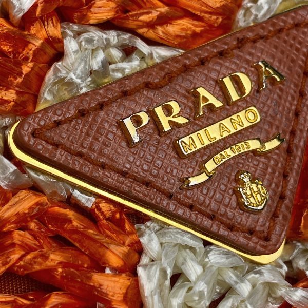 1000072413295 15 Prada Logo Plate Raffia Tote Handbag Orange