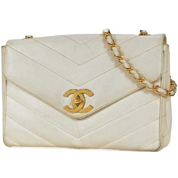 1000072416159 01 Chanel V Stitch Chain Shoulder Bag Here Mark Chevron Caviar Skin White