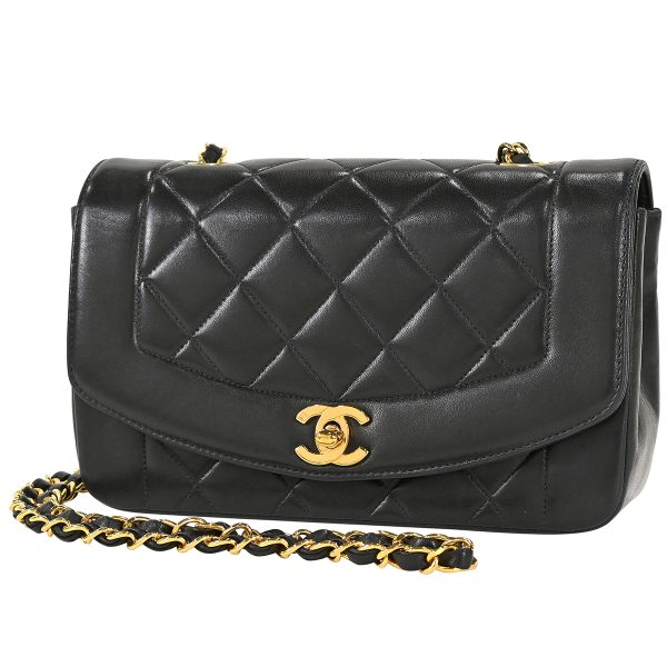 1000072515524 01 Chanel Diana Matelasse Single Flap Chain Shoulder Bag Coco Mark Leather Black