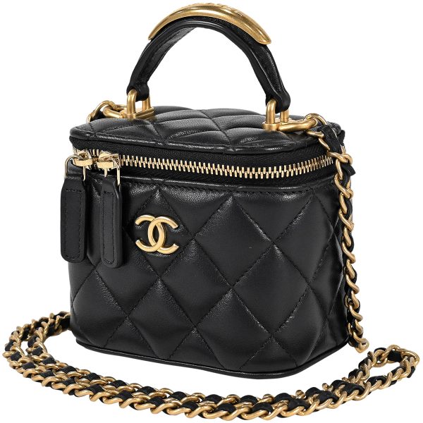 1000073415403 01 Chanel Coco Mark Chain Mini Vanity Matelasse Makeup Pouch Shoulder Bag Leather Black