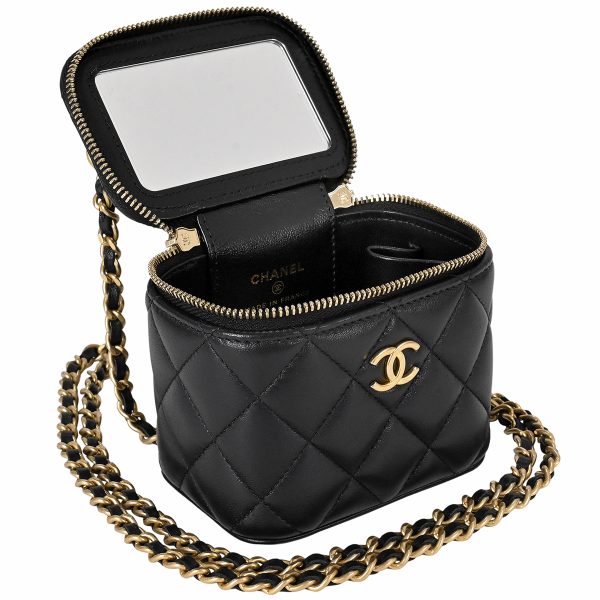 1000073415403 10 Chanel Coco Mark Chain Mini Vanity Matelasse Makeup Pouch Shoulder Bag Leather Black