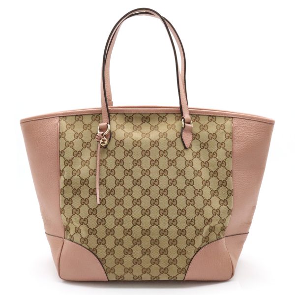 12390735 1 Gucci Breeline GG Canvas Tote Bag Shoulder Tote Leather Khaki Beige Pink