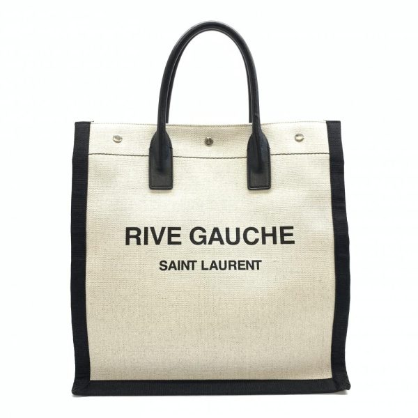 1240001030916 1 Saint Laurent Rive Gauche Tote Bag Canvas Leather Black Natural Ivory