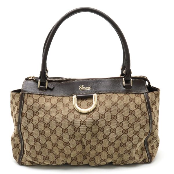 12400558 1 GUCCI GG Canvas Abbey Line Tote Bag Leather Beige Dark Brown Gold Hardware