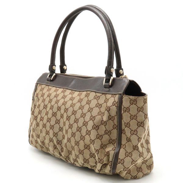 12400558 2 GUCCI GG Canvas Abbey Line Tote Bag Leather Beige Dark Brown Gold Hardware