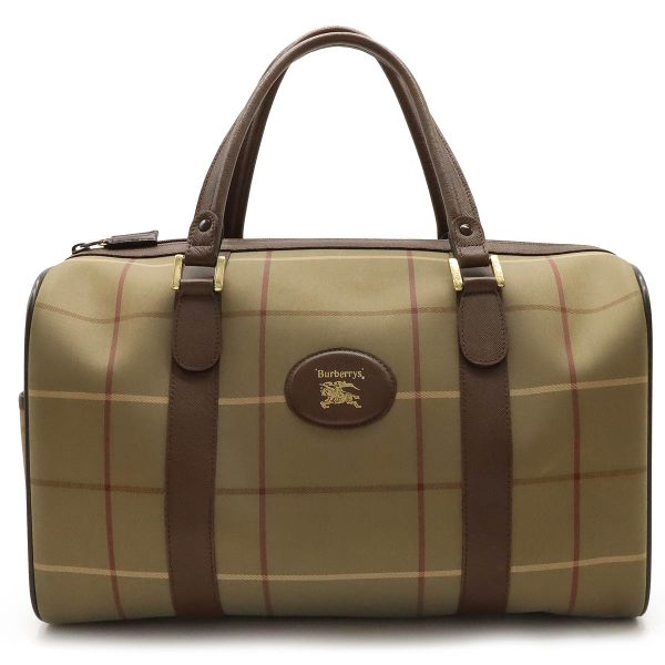 12401096 1 Burberry Check Pattern Boston Leather Travel Bag Canvas Brown