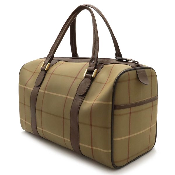 12401096 2 Burberry Check Pattern Boston Leather Travel Bag Canvas Brown