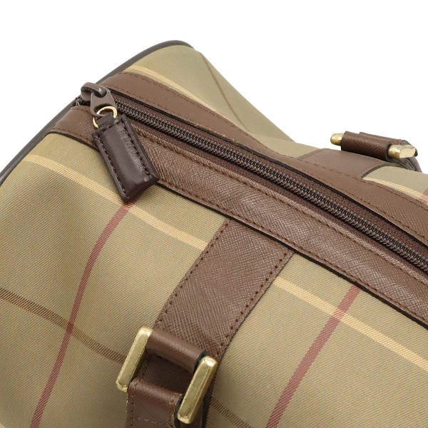 12401096 6 Burberry Check Pattern Boston Leather Travel Bag Canvas Brown