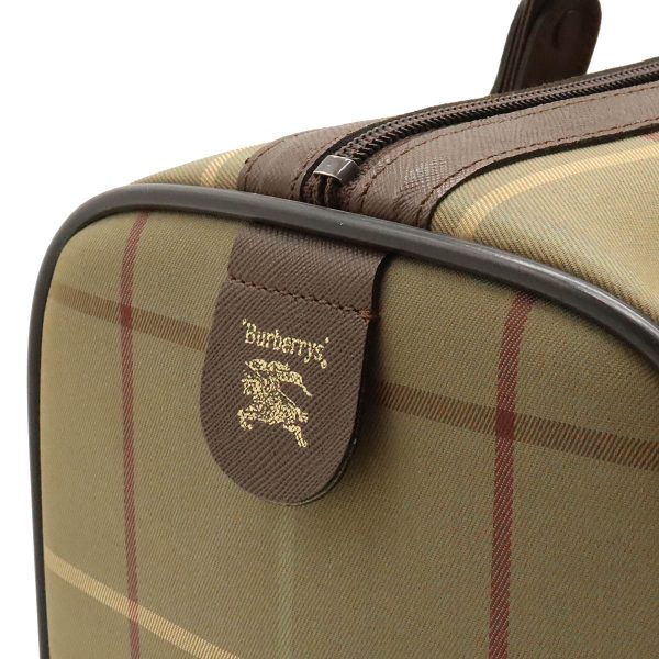 12401096 7 Burberry Check Pattern Boston Leather Travel Bag Canvas Brown