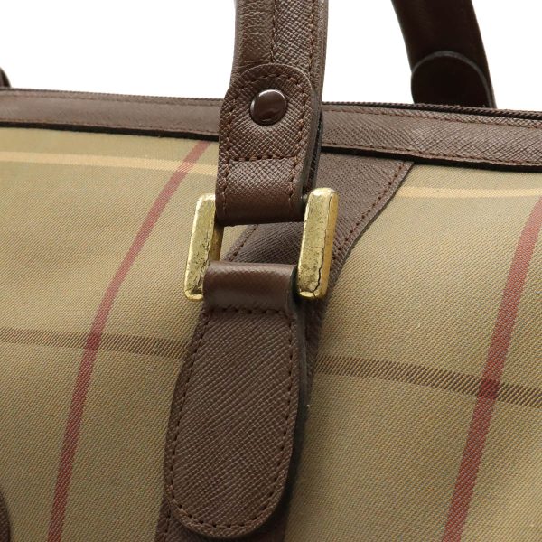 12401096 8 Burberry Check Pattern Boston Leather Travel Bag Canvas Brown