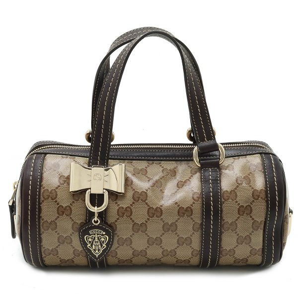 12430784 1 Gucci GG Hysteria Mini Boston Bag Ribbon Coated Canvas Leather Brown