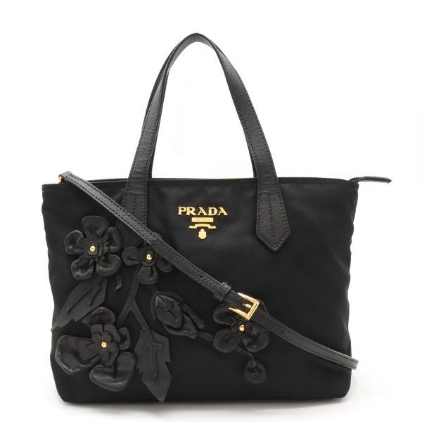 12440081 1 Prada Tote Bag Flower Motif Nylon Black