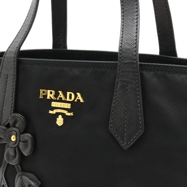 12440081 7 Prada Tote Bag Flower Motif Nylon Black