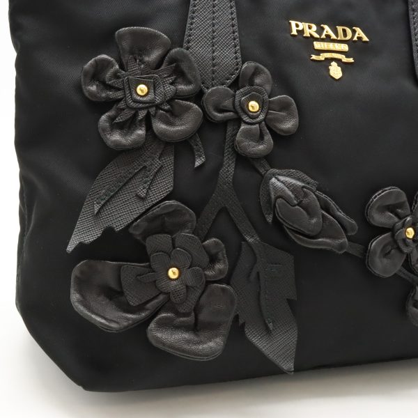 12440081 8 Prada Tote Bag Flower Motif Nylon Black