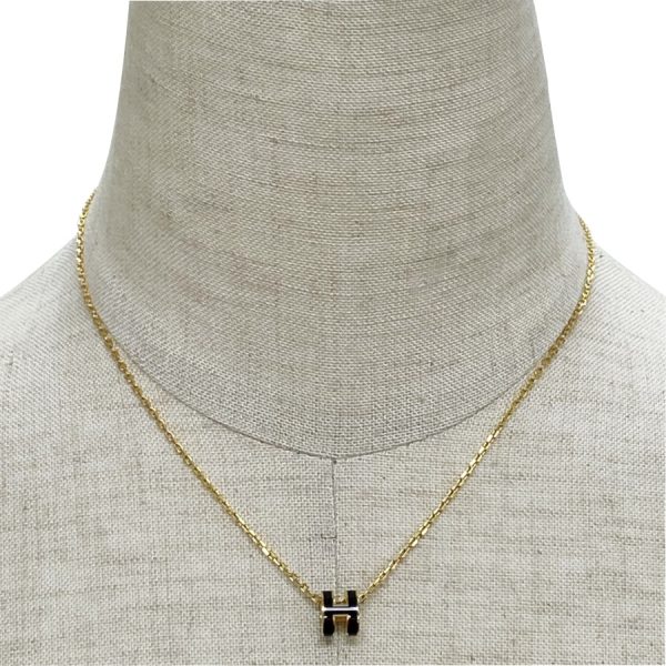 147992f03 04 Hermes Pop Ash Mini Initial H Pendant Necklace Black Gold