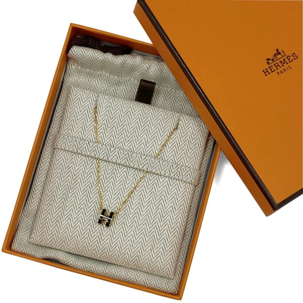 147992f03 06 Hermes Pop Ash Mini Initial H Pendant Necklace Black Gold