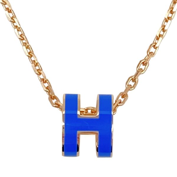 147992fo73 blue 08 Hermes Pop Ash Mini Top Charm Chain Necklace Blue Sature Pink Gold