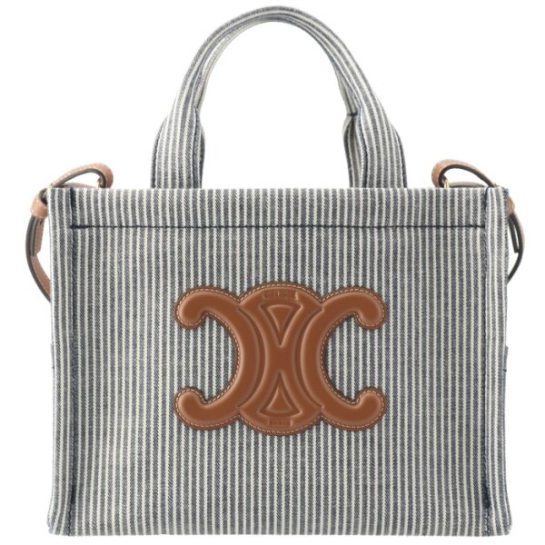 199162fu5 1 Celine Tote Small Thais Cover Striped Textile Logo Shoulder Bag Beige