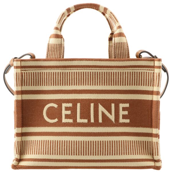 199162fu6 1 Celine Tote Small Thais Cover Striped Textile Logo Shoulder Bag Brown