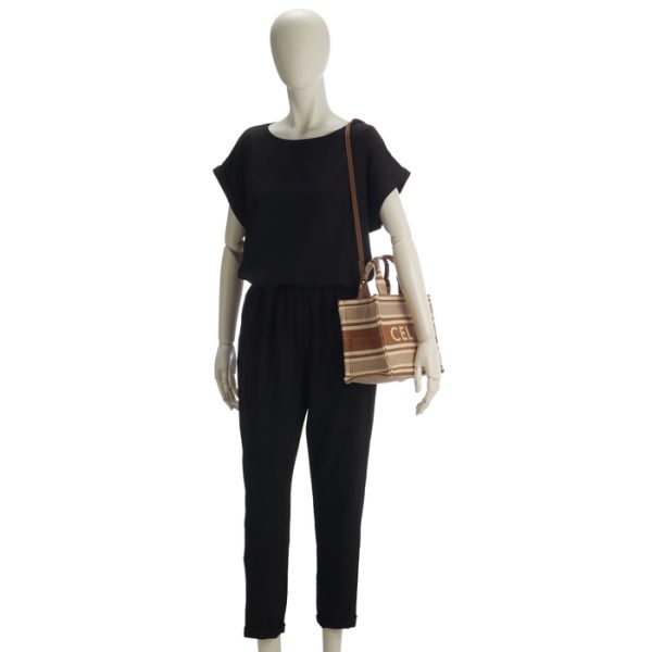 199162fu6 7 Celine Tote Small Thais Cover Striped Textile Logo Shoulder Bag Brown