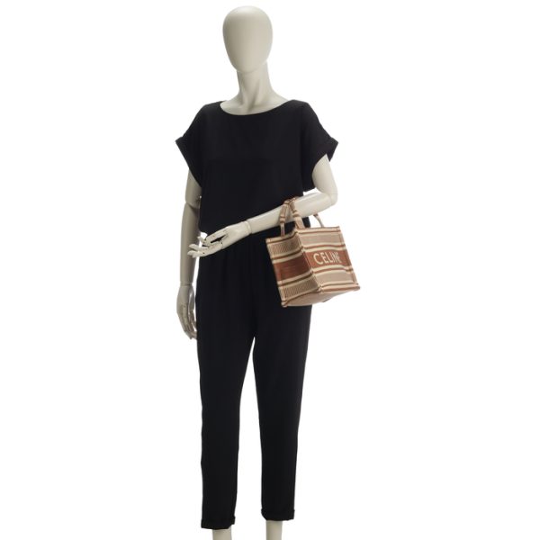 199162fu6 8 Celine Tote Small Thais Cover Striped Textile Logo Shoulder Bag Brown