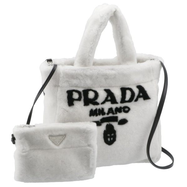 1bg374mio2ec9964 Prada Shearling Mouton Tote Shoulder Bag White