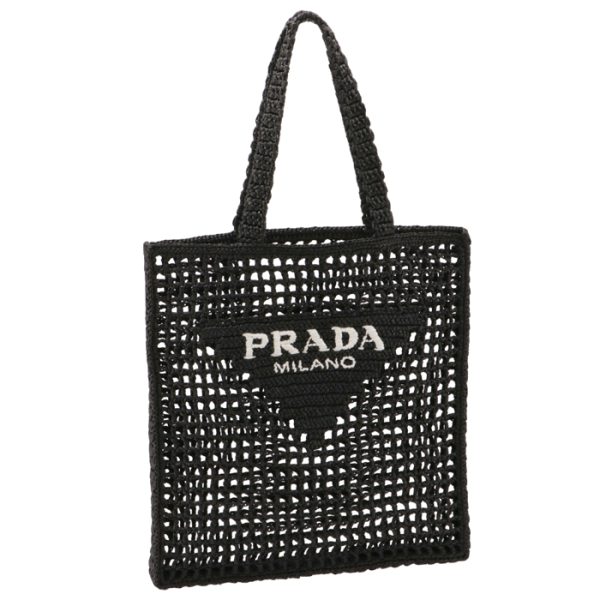 1bg393ooo2a2t002 Prada Raffia Tote Triangle Logo Straw Bag Black