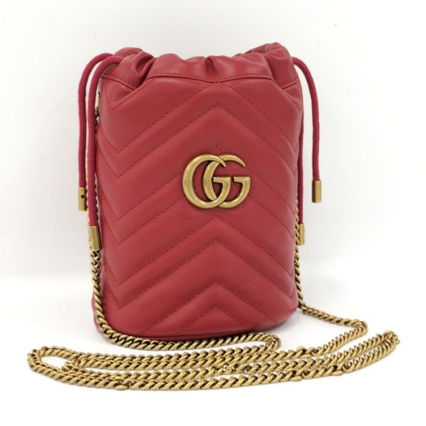 2000087257800408 1 GUCCI GG Marmont Drawstring Leather Mini Bucket Bag Shoulder Bag Red