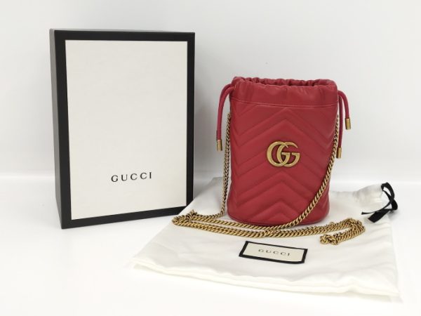 2000087257800408 10 GUCCI GG Marmont Drawstring Leather Mini Bucket Bag Shoulder Bag Red