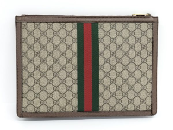 2000088252000295 2 Gucci Clutch Bag GG Supreme PVC Leather Sherry Line Beige Brown