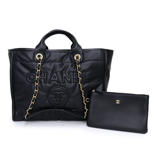 200009052019 Chanel Deauville Large Chain Calfskin Handbag Black